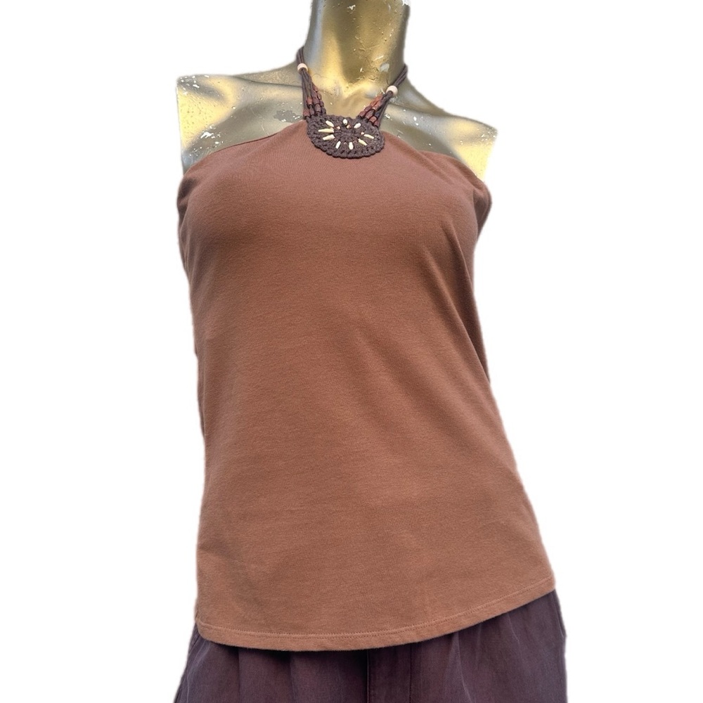 NWT B.Y.B.B. by Susan Lawrence Boho Halter Top Beaded Crochet Neck Brown Size M